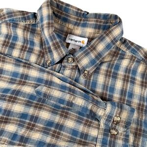 Carhartt Mens XXL Button Down Shirt Plaid Flannel Long Sleeve Brown Blue